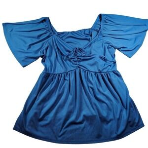 Blue Ribbed Babydoll Peplum Top Flutter Sleeve Sweetheart Tie‎ Front Size L